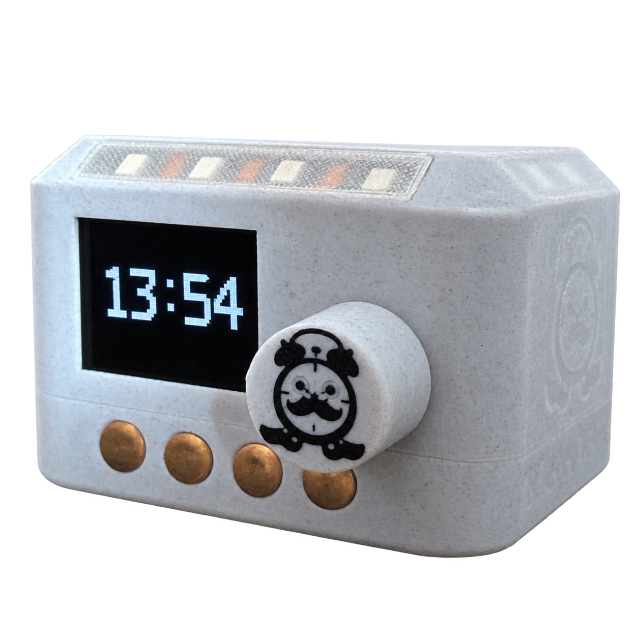 A Klever Klox V2 alarm clock, front view, showing the time on its colour display