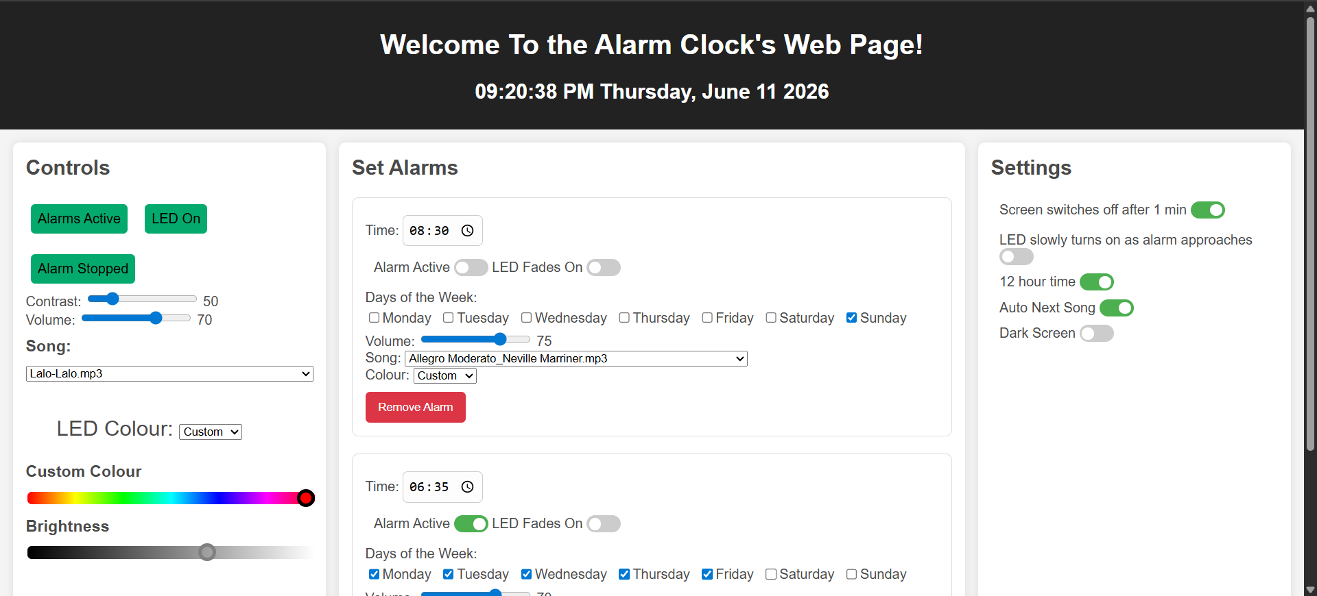 The clock's built-in web interface, open in a browser